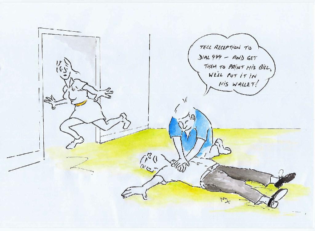 Tell reception to dial 999 - and get them to print his bill, we'll put it in his wallet!